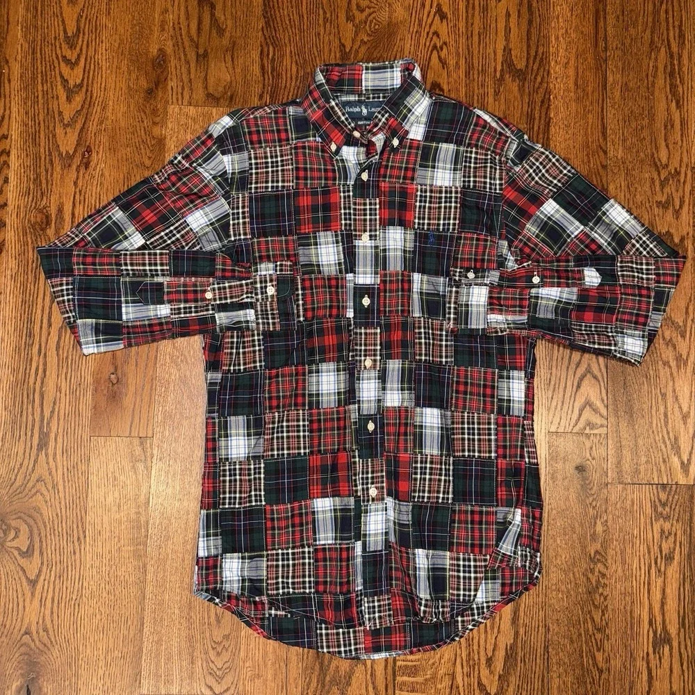 Polo Ralph Lauren Madras Patchwork Long Sleeve Button Down Oxford Shirt Men's‎ S